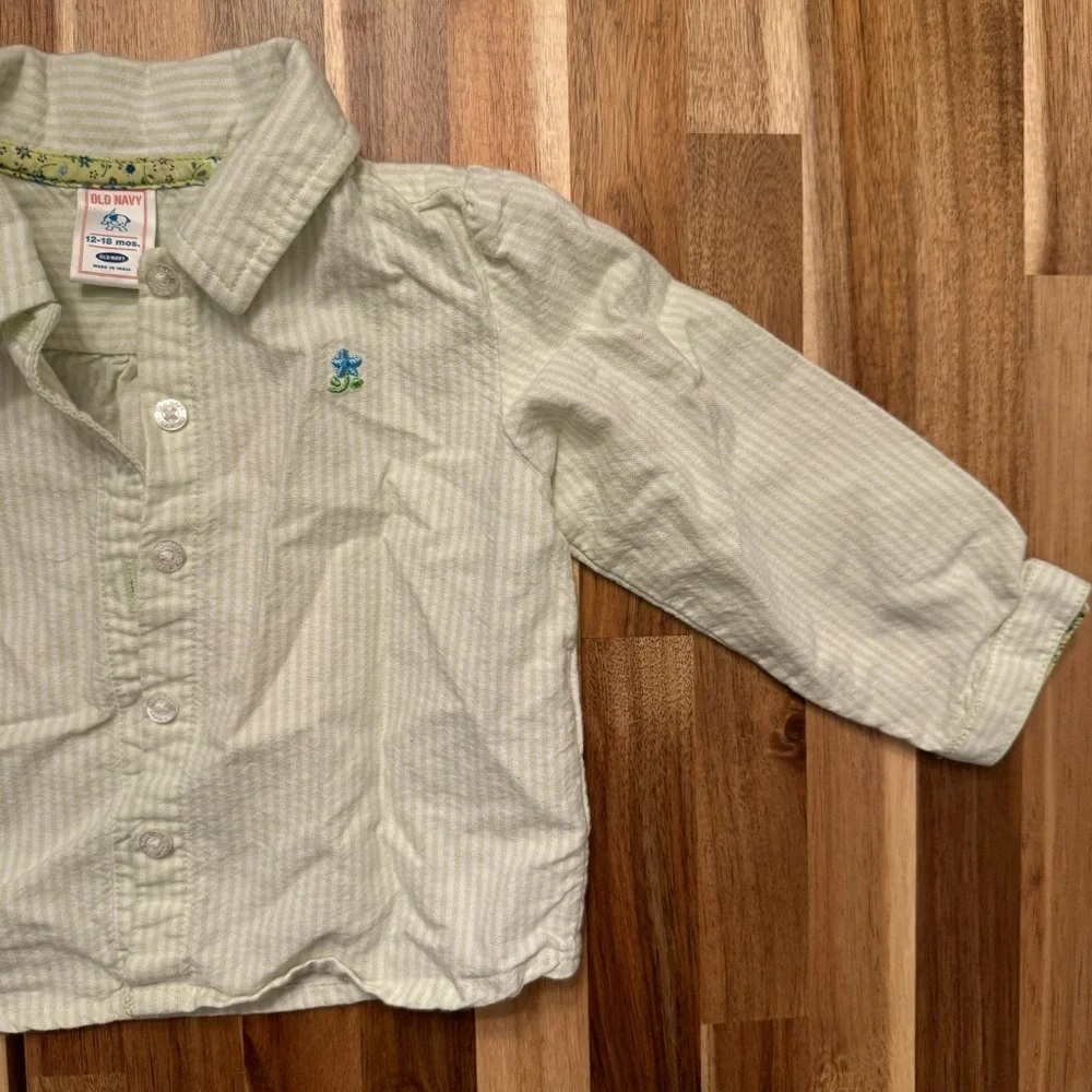 Old Navy Kids Green Pinstripe Button Down Shirt Floral Trim 12-18 Months Fall 05